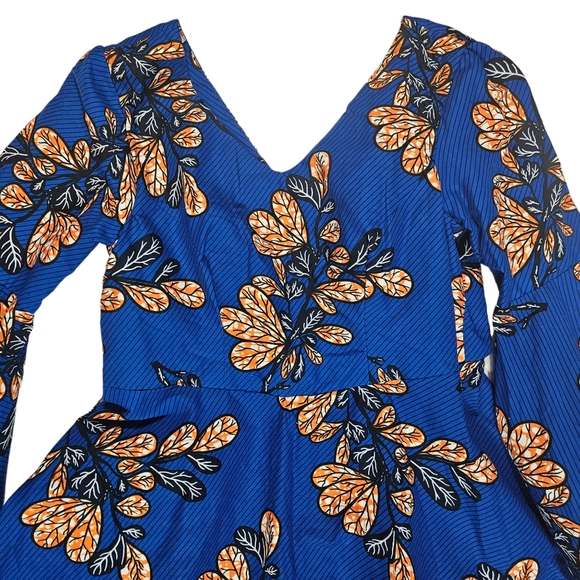 Blue African Ankara Print Dress Sz Large ? Bell Sleeve Hi Low Hem Wedding Party - Picture 8 of 16